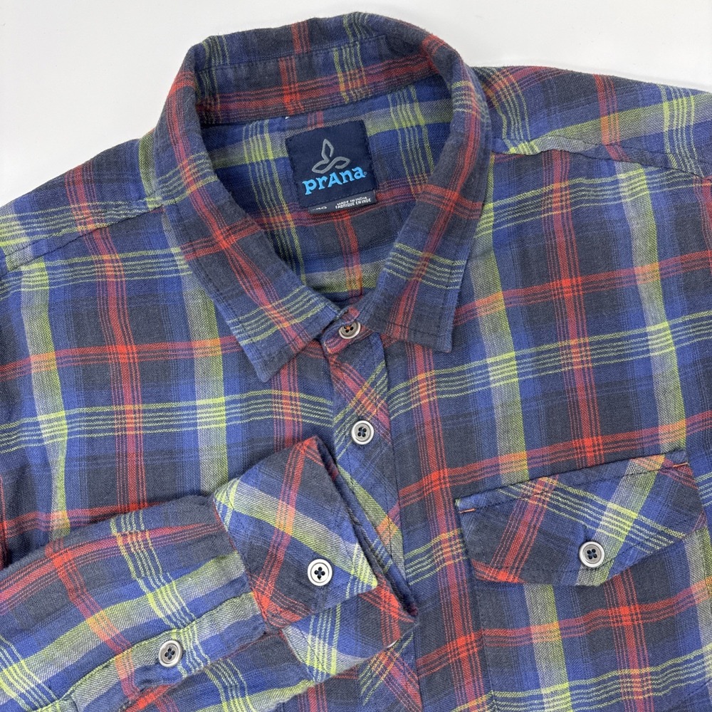 Prana Mens Blue Red Plaid Cotton Double Layer Long Sleeve Flannel Shirt Large